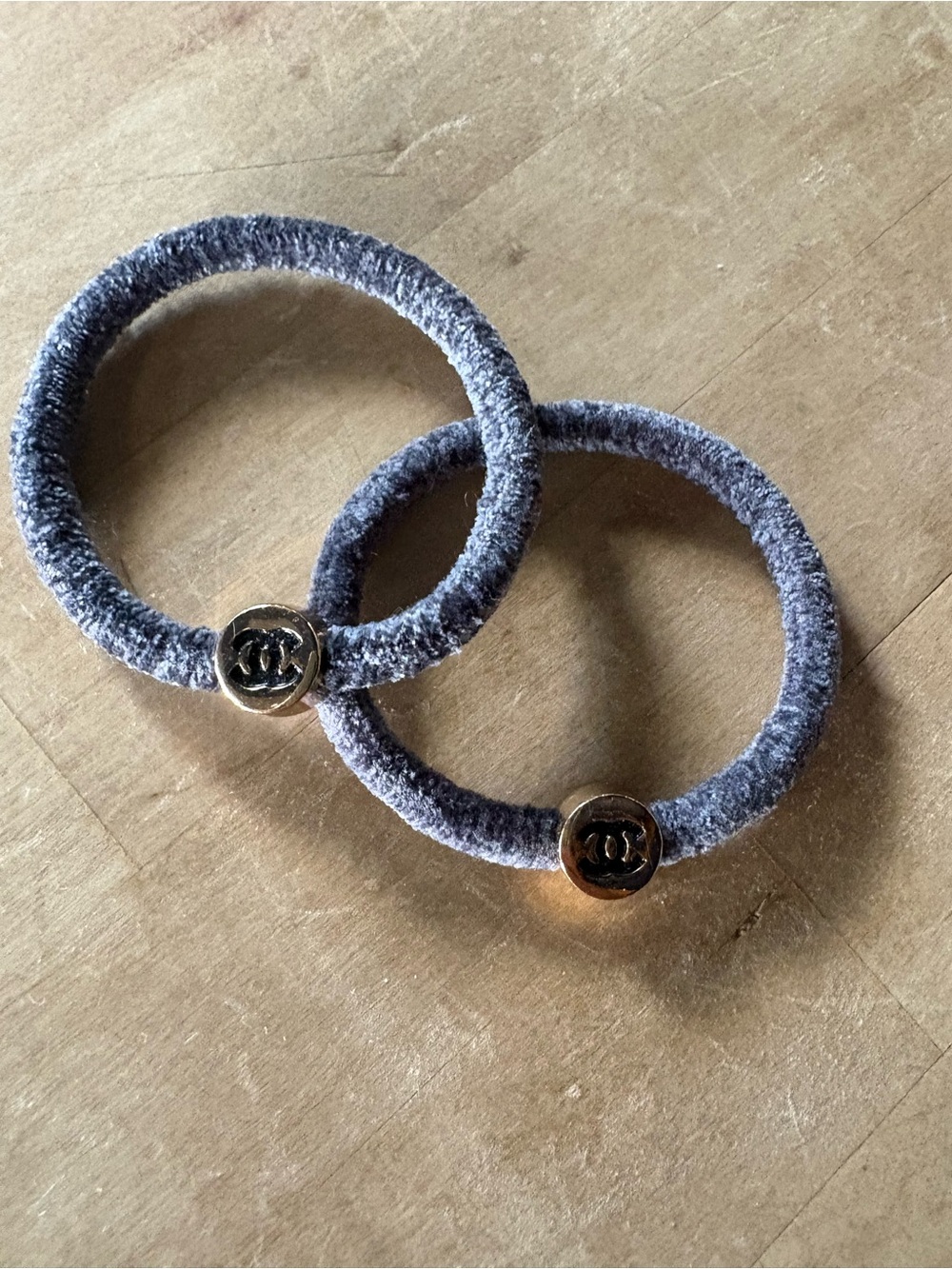 CHANEL Grey Velvet Hair Rings with Gold CC Medallions
